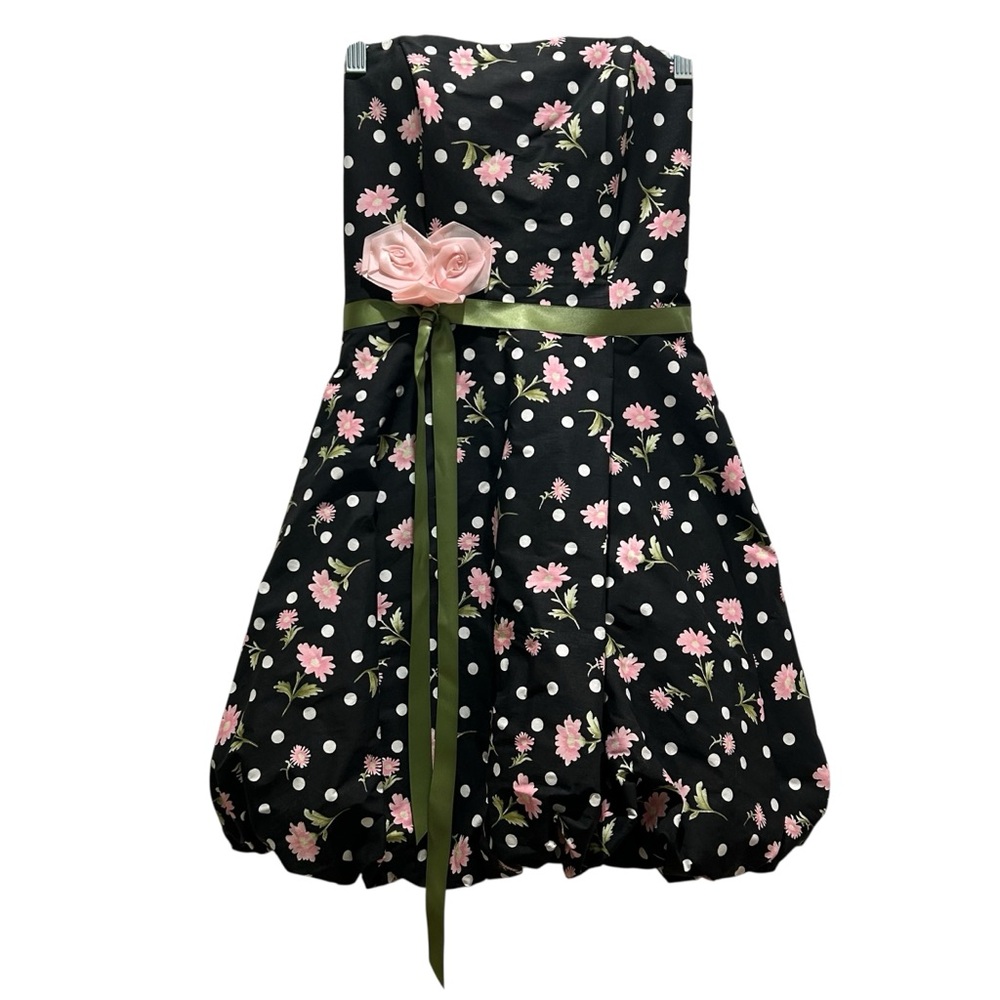 Vintage Gunne Sax Black Strapless Bubble Dress Pink Floral Design - Size 3/4